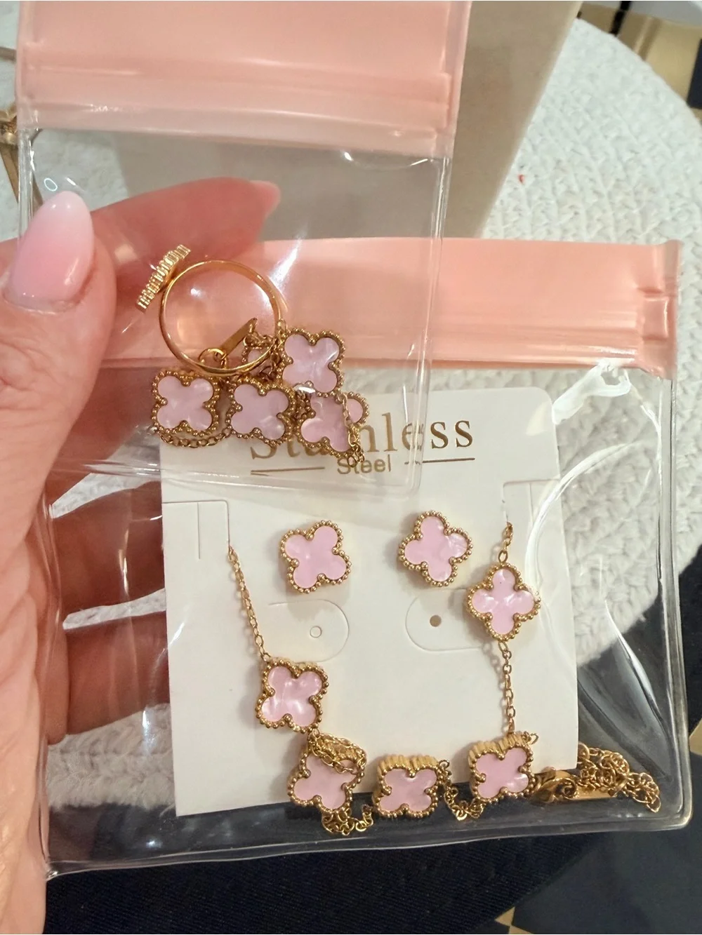 Pink Clover 4-Piece Stainless Steel Jewelry Set – Necklace Bracelet Ring Earring